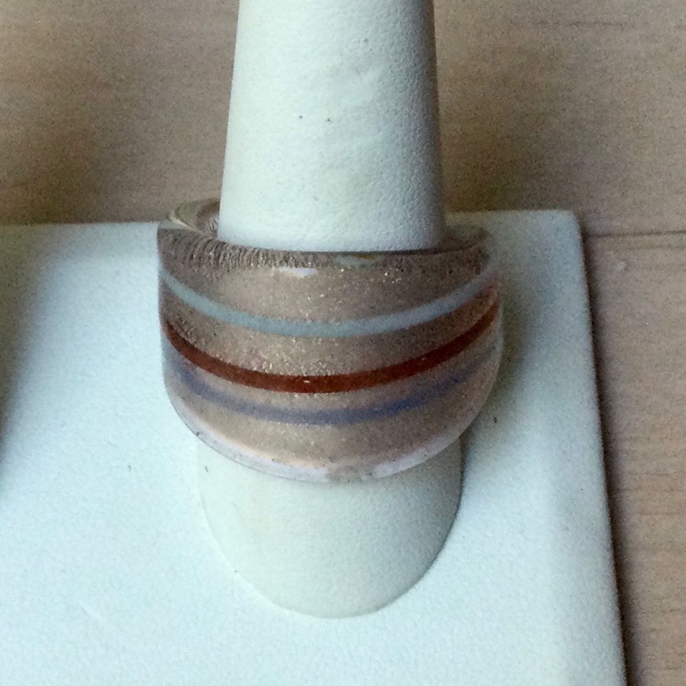 NWT Unisex Dichroic Copper Glass Ring with Gray & Dark Copper Spiraled Stripes.